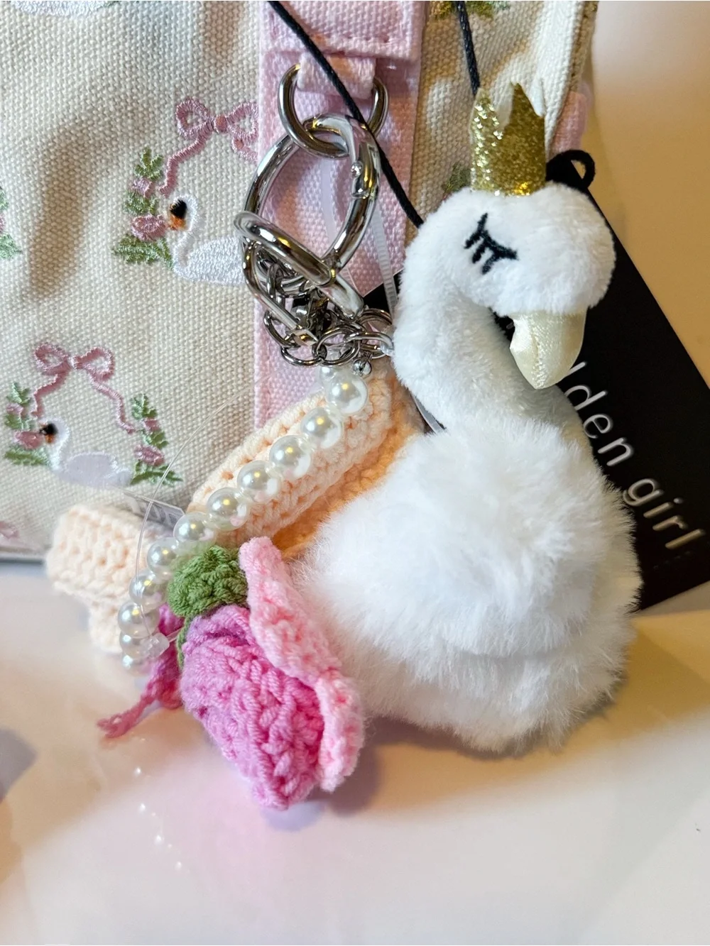 Madden Girl Vital Swan Embroidered Crossbody Mini Tote with Charms & Pouch